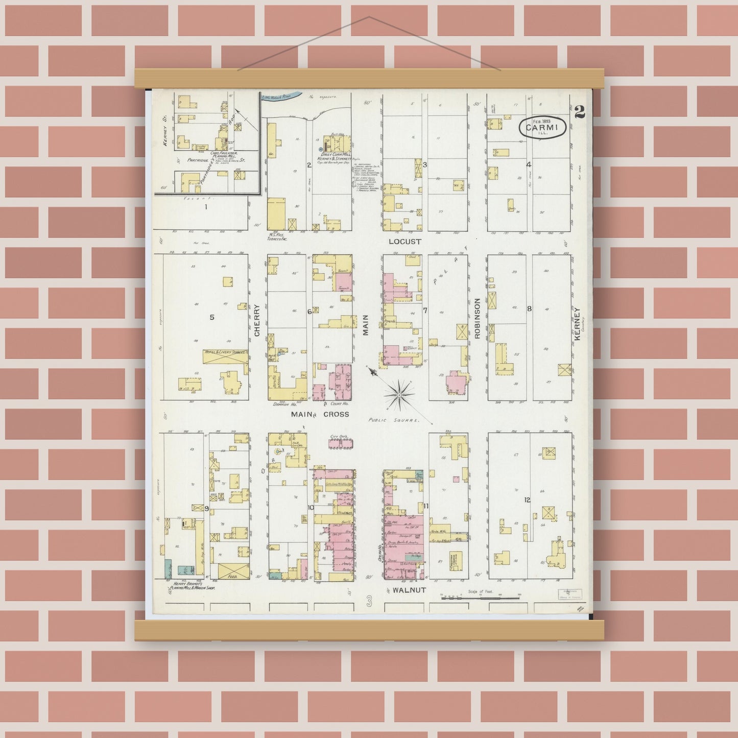 Old map wall art mockup — magnetic wood frame on brick wall — Sanborn Fire Insurance Map from Carmi, White County, Illinois (1893), Sheet #0002