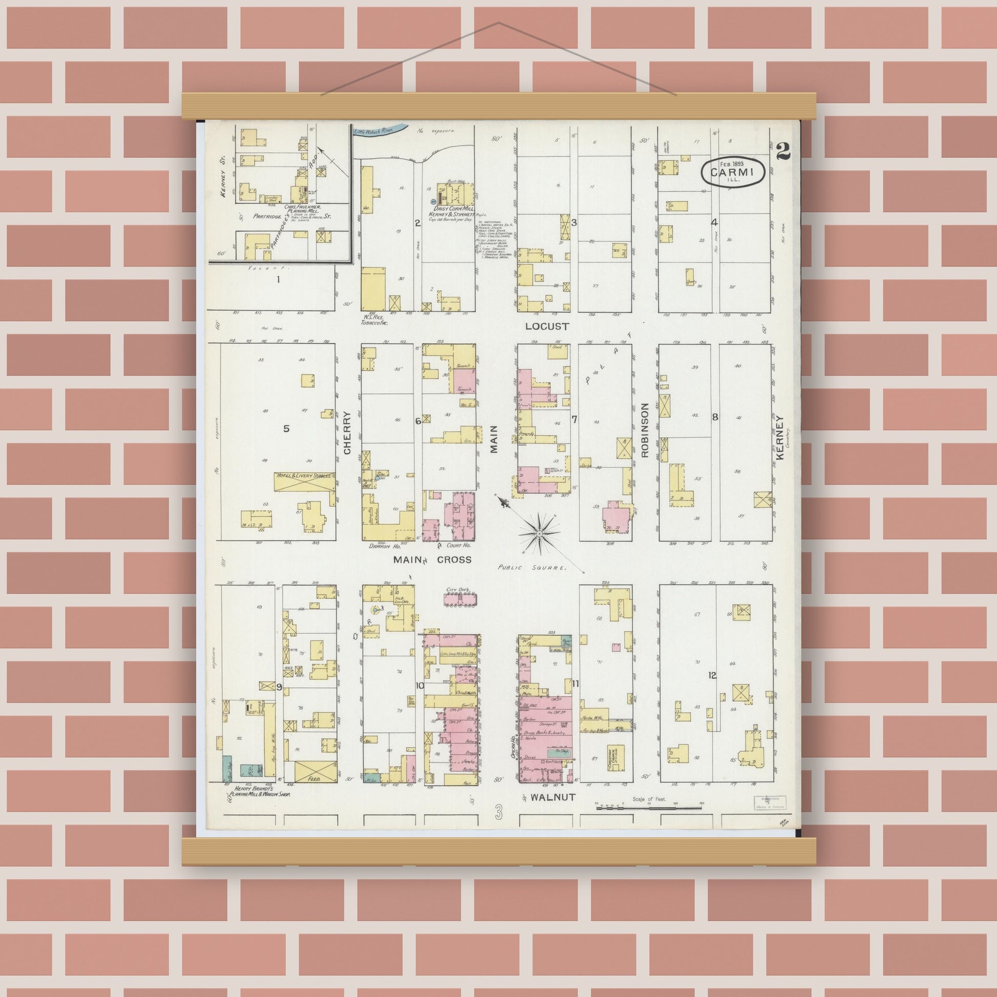 Old map wall art mockup — magnetic wood frame on brick wall — Sanborn Fire Insurance Map from Carmi, White County, Illinois (1893), Sheet #0002