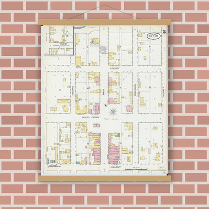 Old map wall art mockup — magnetic wood frame on brick wall — Sanborn Fire Insurance Map from Carmi, White County, Illinois (1893), Sheet #0002