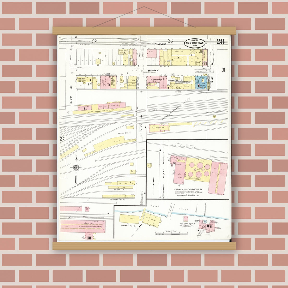 Old map wall art mockup — magnetic wood frame on brick wall — Sanborn Fire Insurance Map from Marshalltown, Marshall County, Iowa (1910), Sheet #0028