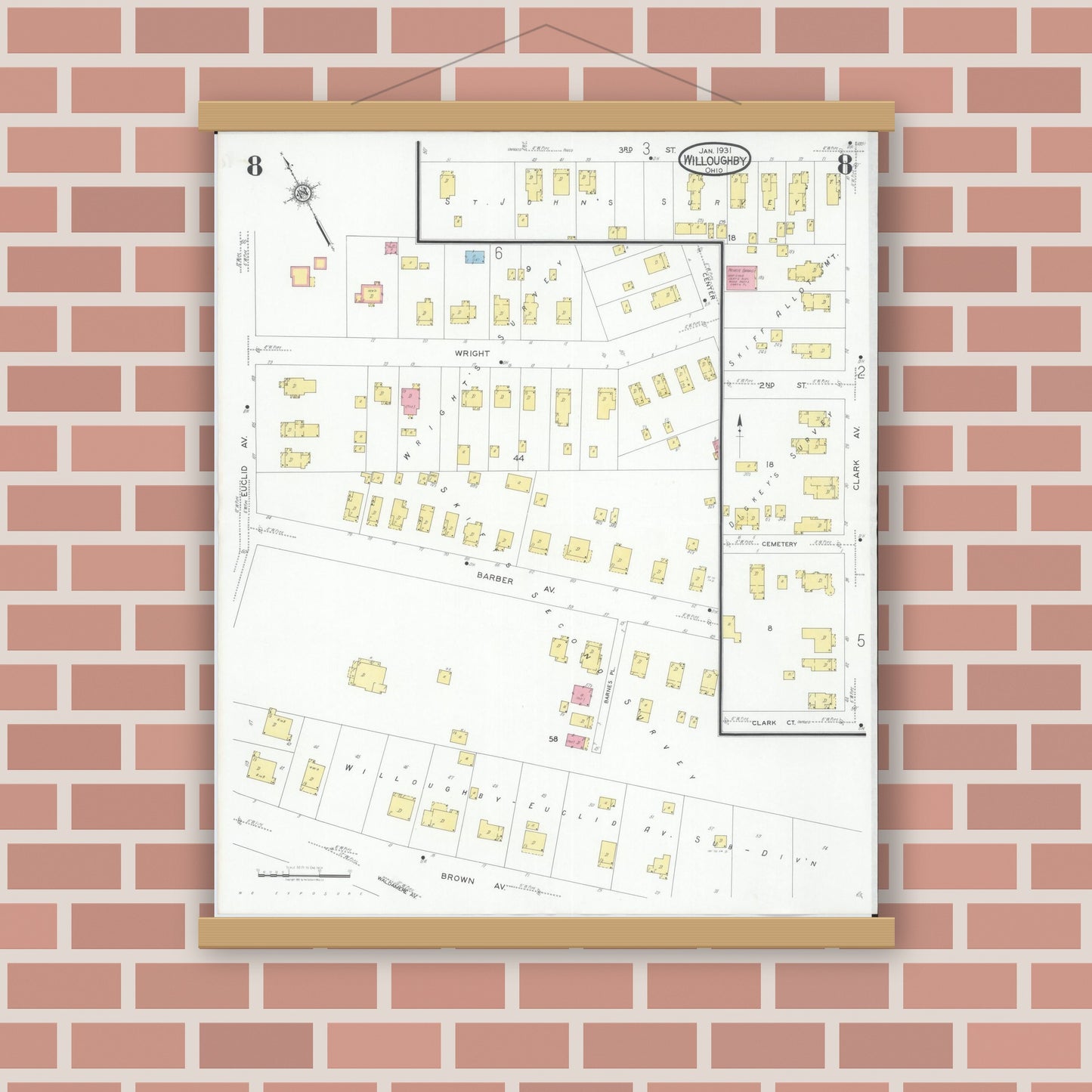 Old map wall art mockup — magnetic wood frame on brick wall — Sanborn Fire Insurance Map from Willoughby, Lake County, Ohio (1931), Sheet #0008
