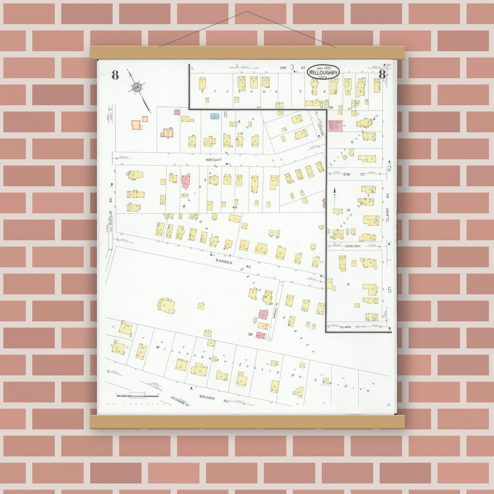 Old map wall art mockup — magnetic wood frame on brick wall — Sanborn Fire Insurance Map from Willoughby, Lake County, Ohio (1931), Sheet #0008