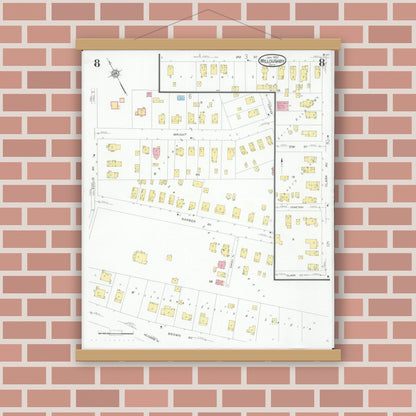 Old map wall art mockup — magnetic wood frame on brick wall — Sanborn Fire Insurance Map from Willoughby, Lake County, Ohio (1931), Sheet #0008