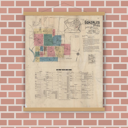 Old map wall art mockup — magnetic wood frame on brick wall — Sanborn Fire Insurance Map from Gonzales, Gonzales County, Texas (1922), Sheet #0001