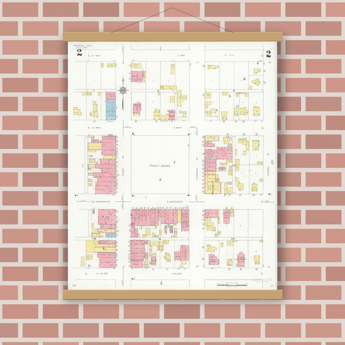 Old map wall art mockup — magnetic wood frame on brick wall — Sanborn Fire Insurance Map from Marengo, Iowa County, Iowa (1933), Sheet #0002