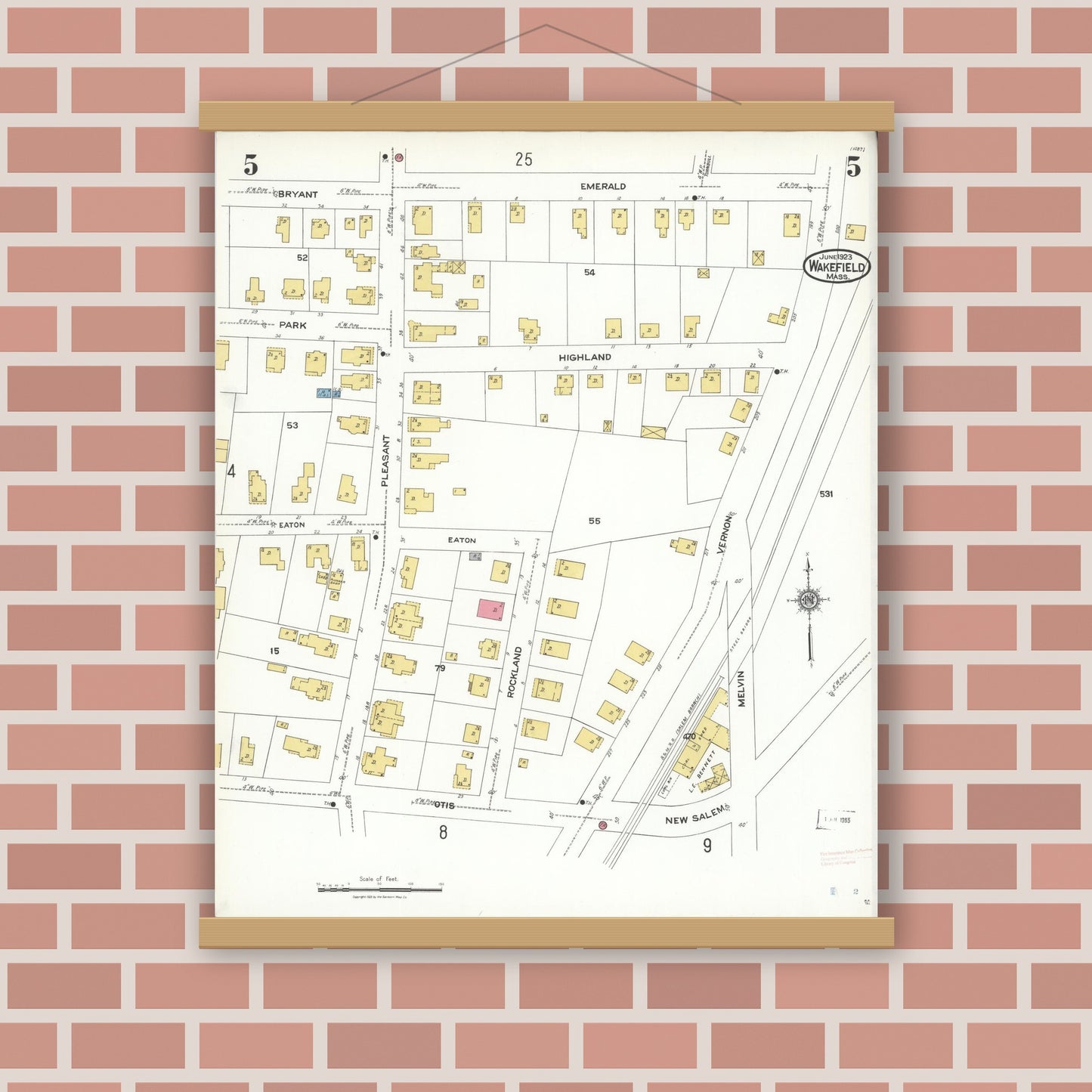 Old map wall art mockup — magnetic wood frame on brick wall — Sanborn Fire Insurance Map from Wakefield, Middlesex County, Massachusetts (1923), Sheet #0005
