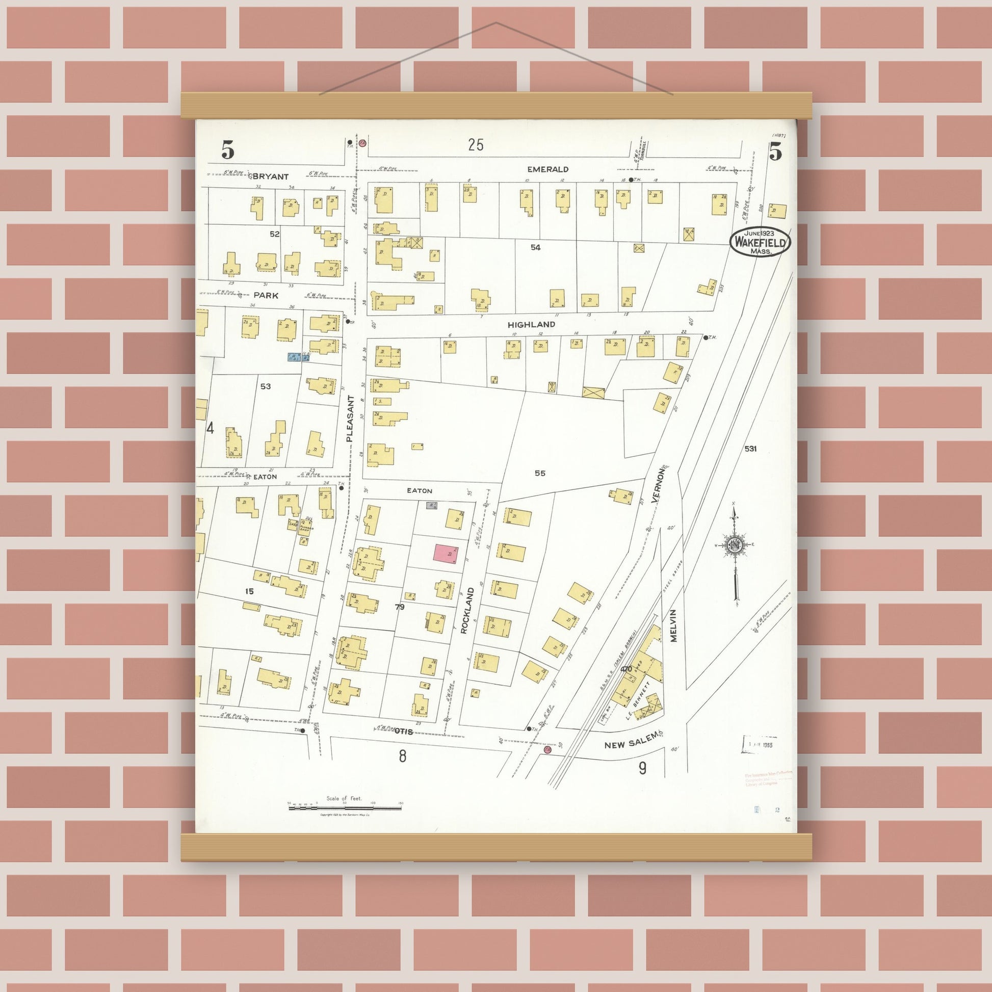 Old map wall art mockup — magnetic wood frame on brick wall — Sanborn Fire Insurance Map from Wakefield, Middlesex County, Massachusetts (1923), Sheet #0005