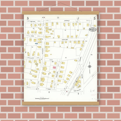 Old map wall art mockup — magnetic wood frame on brick wall — Sanborn Fire Insurance Map from Wakefield, Middlesex County, Massachusetts (1923), Sheet #0005
