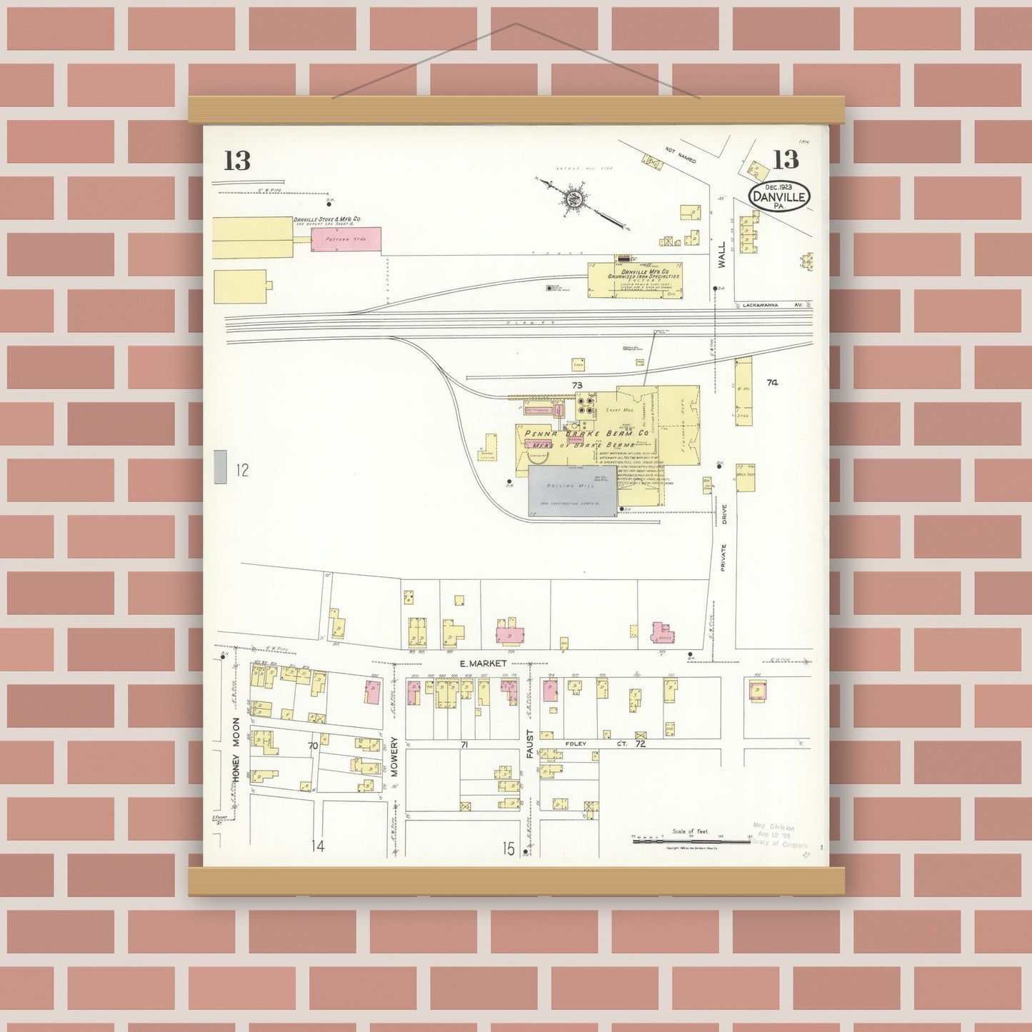 Old map wall art mockup — magnetic wood frame on brick wall — Sanborn Fire Insurance Map from Danville, Montour County, Pennsylvania (1923), Sheet #0013