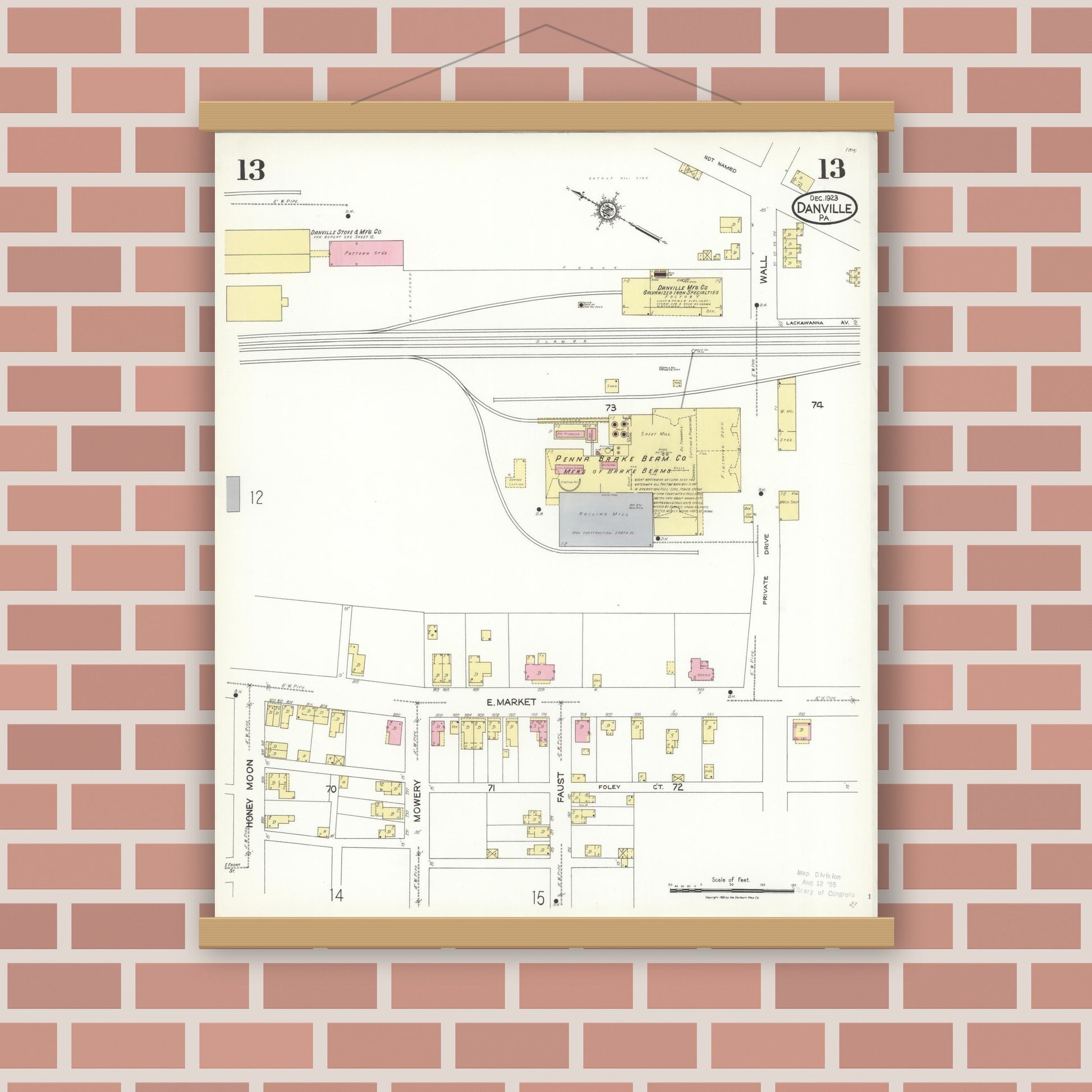Old map wall art mockup — magnetic wood frame on brick wall — Sanborn Fire Insurance Map from Danville, Montour County, Pennsylvania (1923), Sheet #0013