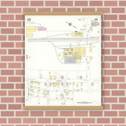 Old map wall art mockup — magnetic wood frame on brick wall — Sanborn Fire Insurance Map from Danville, Montour County, Pennsylvania (1923), Sheet #0013