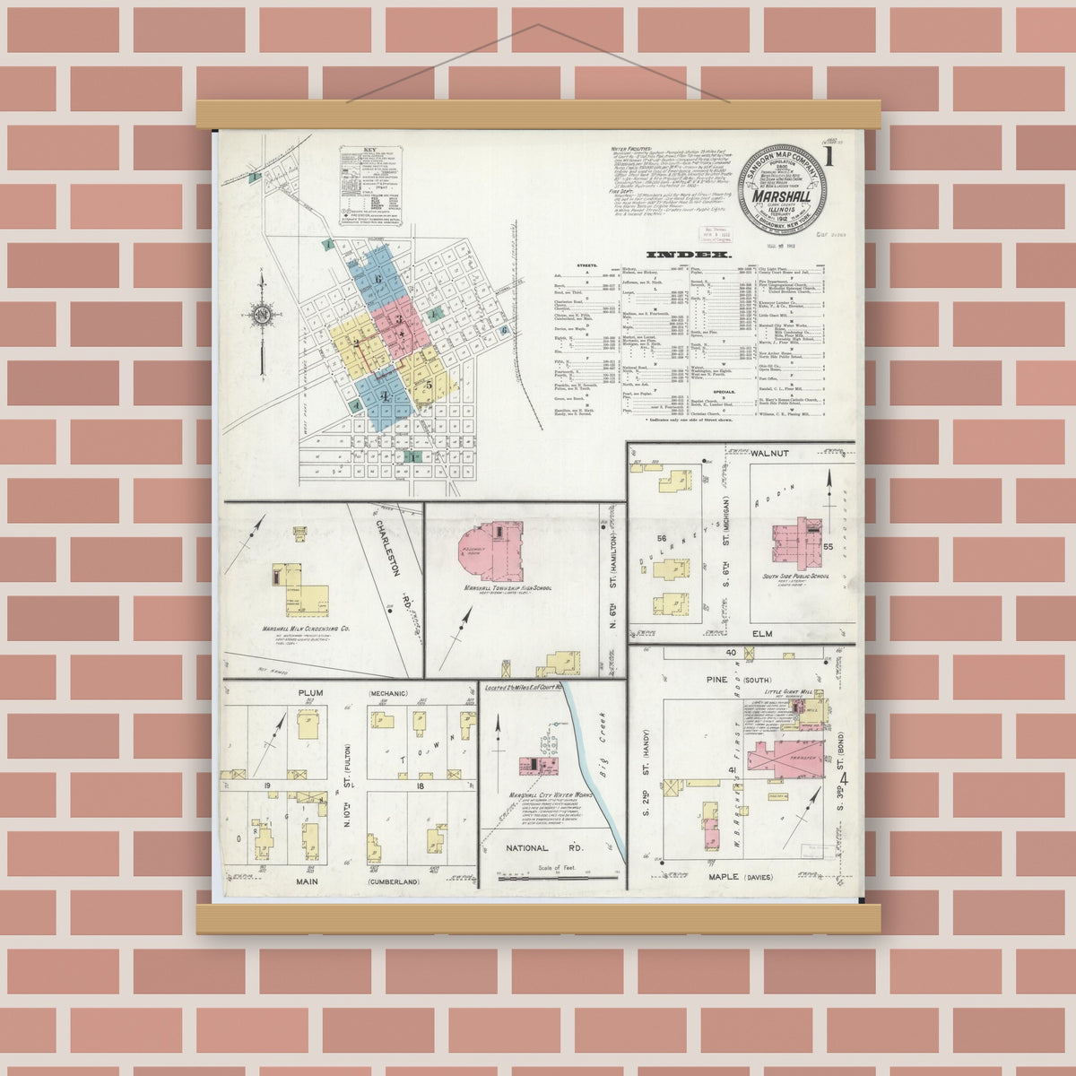 Old map wall art mockup — magnetic wood frame on brick wall — Sanborn Fire Insurance Map from Marshall, Clark County, Illinois (1912) - Complete Map Set