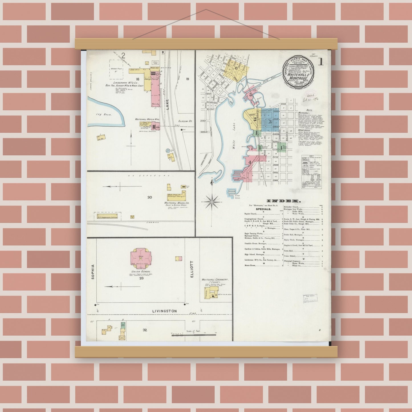 Old map wall art mockup — magnetic wood frame on brick wall — Sanborn Fire Insurance Map from Whitehall, Muskegon County, Michigan (1896), Sheet #0001