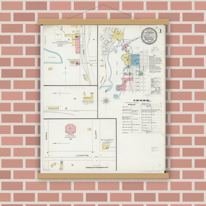 Old map wall art mockup — magnetic wood frame on brick wall — Sanborn Fire Insurance Map from Whitehall, Muskegon County, Michigan (1896), Sheet #0001