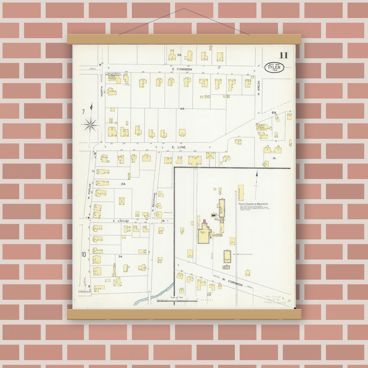 Old map wall art mockup — magnetic wood frame on brick wall — Sanborn Fire Insurance Map from Tyler, Smith County, Texas (1907), Sheet #0011