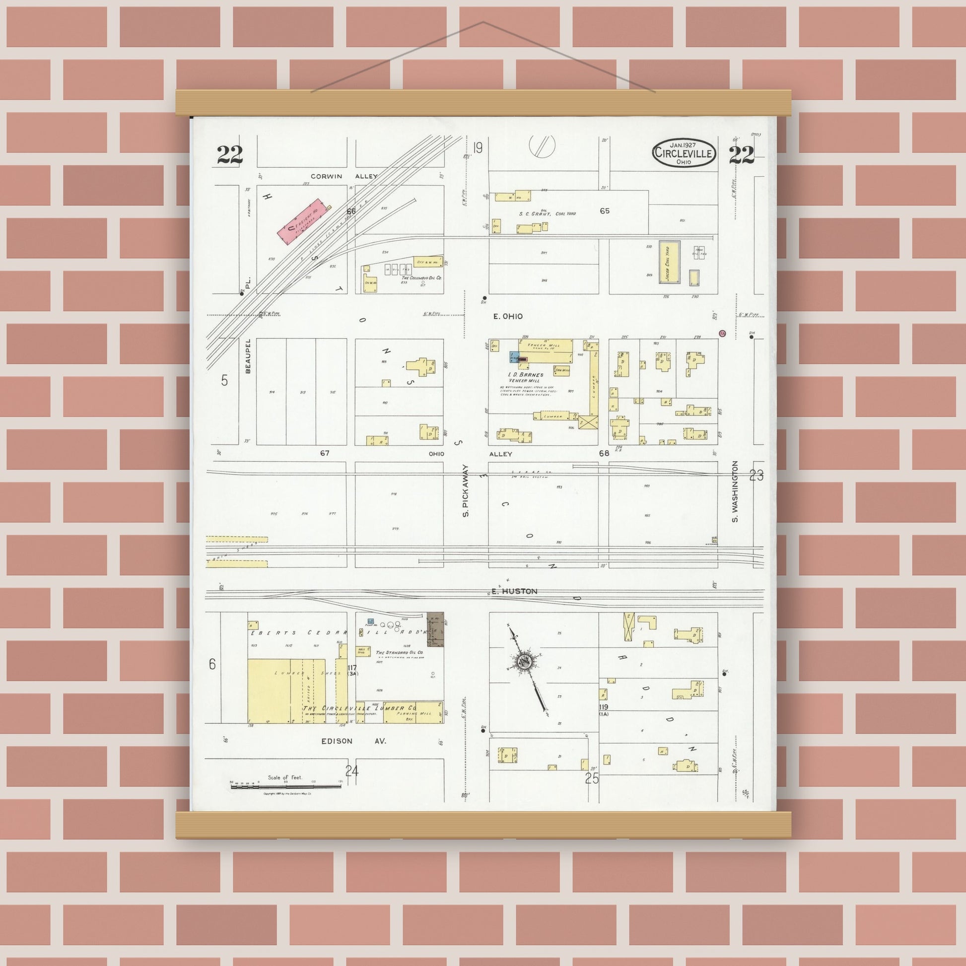 Old map wall art mockup — magnetic wood frame on brick wall — Sanborn Fire Insurance Map from Circleville, Pickaway County, Ohio (1927), Sheet #0022