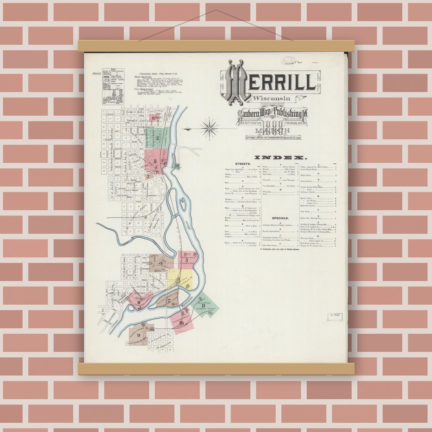 Old map wall art mockup — magnetic wood frame on brick wall — Sanborn Fire Insurance Map from Merrill, Lincoln County, Wisconsin (1888), Sheet #0001