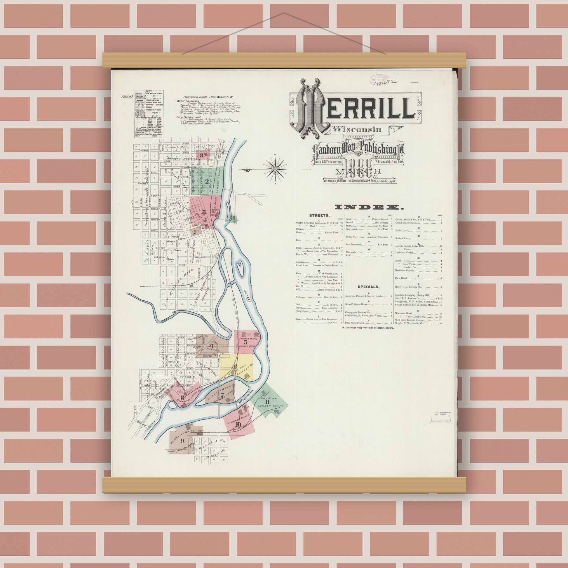 Old map wall art mockup — magnetic wood frame on brick wall — Sanborn Fire Insurance Map from Merrill, Lincoln County, Wisconsin (1888), Sheet #0001