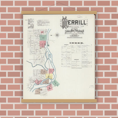 Old map wall art mockup — magnetic wood frame on brick wall — Sanborn Fire Insurance Map from Merrill, Lincoln County, Wisconsin (1888), Sheet #0001