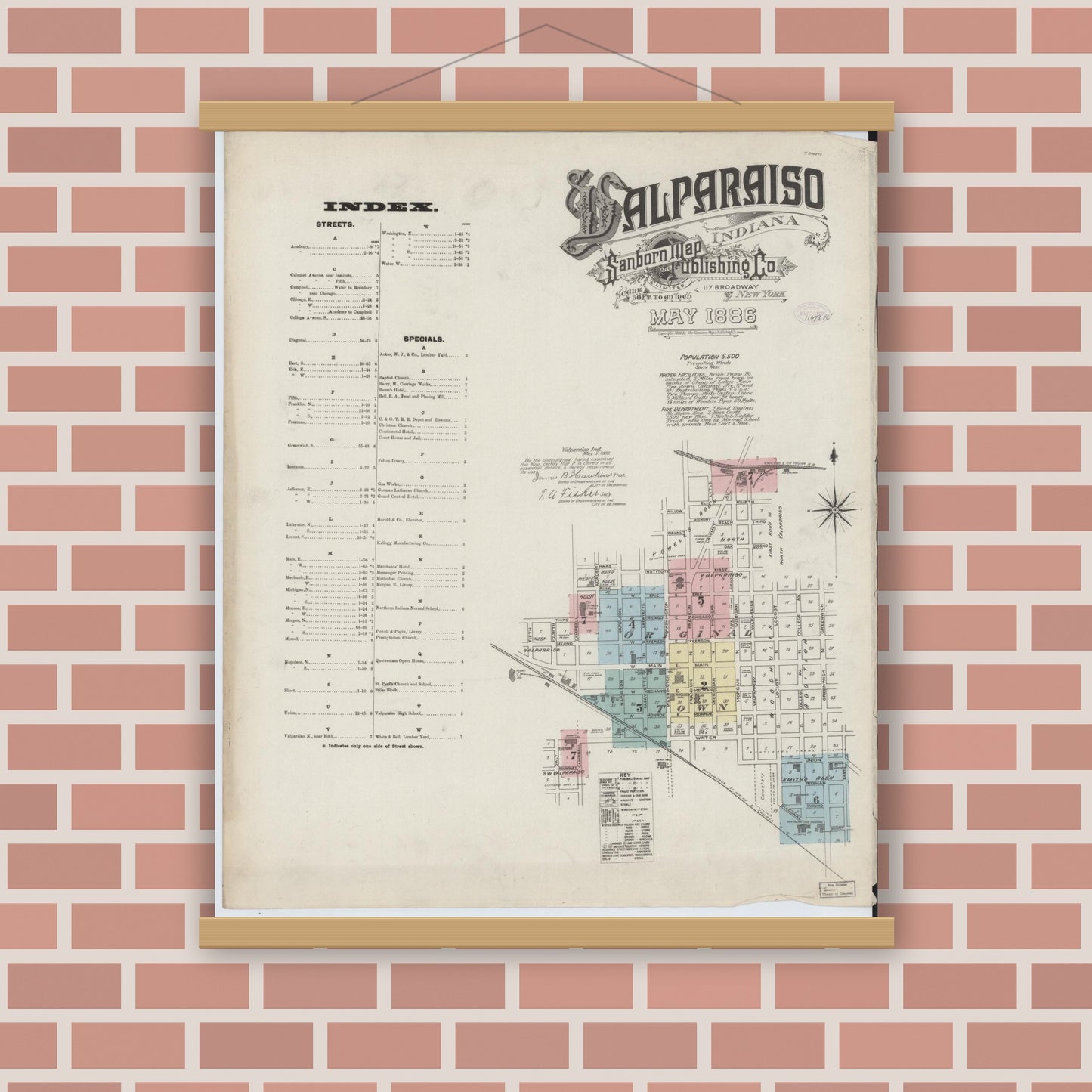 Old map wall art mockup — magnetic wood frame on brick wall — Sanborn Fire Insurance Map from Valparaiso, Porter County, Indiana (1886) - Complete Map Set