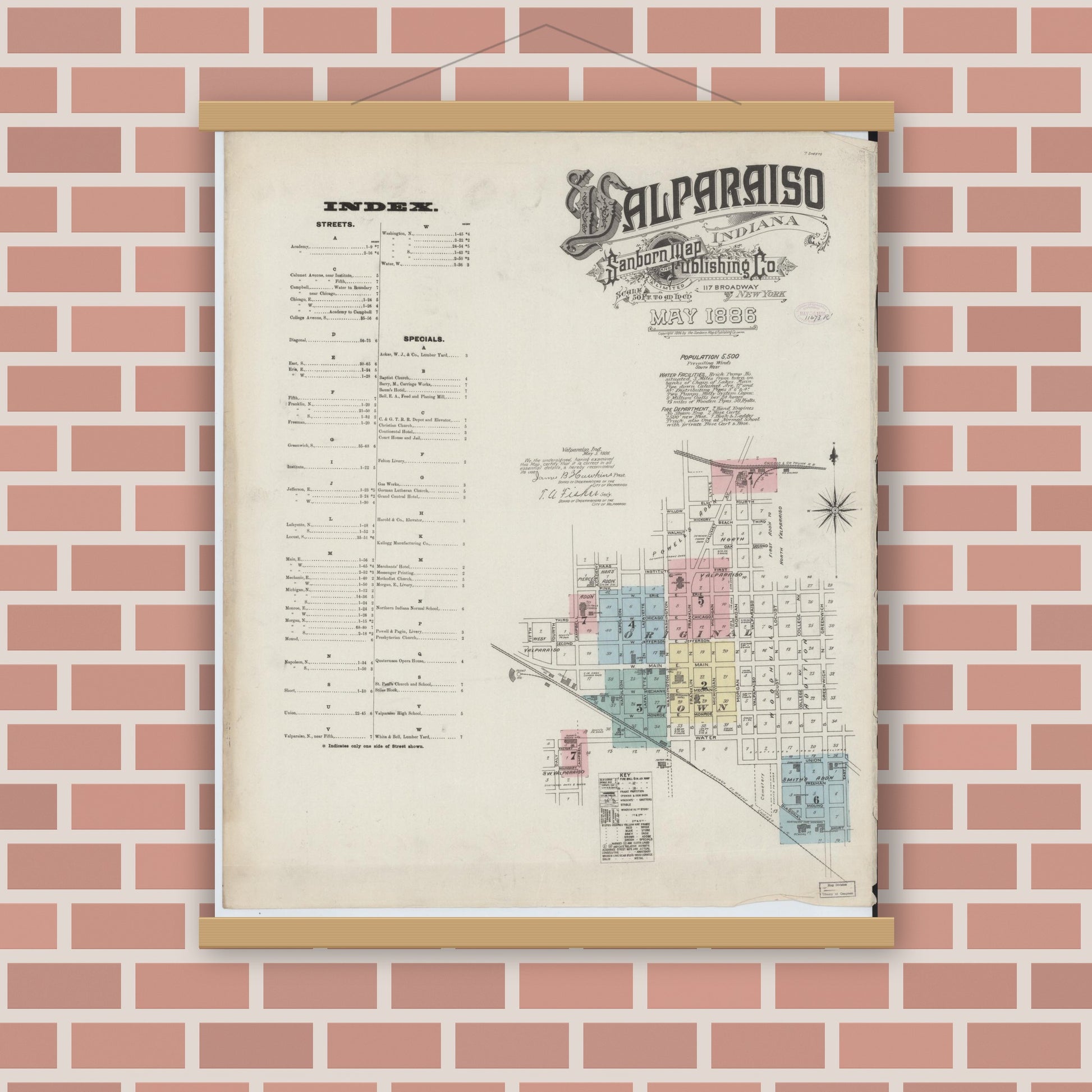 Old map wall art mockup — magnetic wood frame on brick wall — Sanborn Fire Insurance Map from Valparaiso, Porter County, Indiana (1886) - Complete Map Set