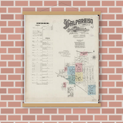 Old map wall art mockup — magnetic wood frame on brick wall — Sanborn Fire Insurance Map from Valparaiso, Porter County, Indiana (1886) - Complete Map Set