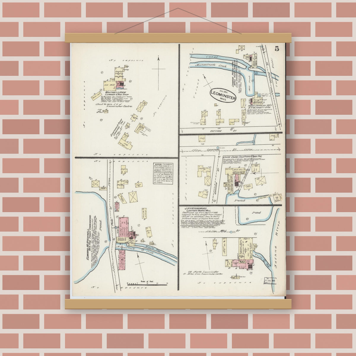 Old map wall art mockup — magnetic wood frame on brick wall — Sanborn Fire Insurance Map from Leominster, Worcester County, Massachusetts (1884), Sheet #0005