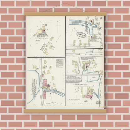Old map wall art mockup — magnetic wood frame on brick wall — Sanborn Fire Insurance Map from Leominster, Worcester County, Massachusetts (1884), Sheet #0005