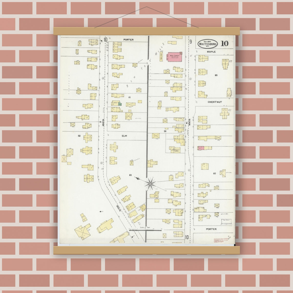 Old map wall art mockup — magnetic wood frame on brick wall — Sanborn Fire Insurance Map from Whitesboro, Oneida County, New York (1904), Sheet #0010