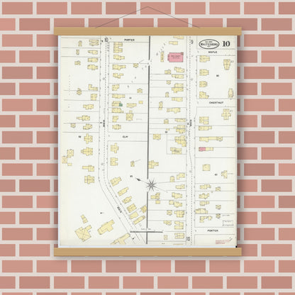 Old map wall art mockup — magnetic wood frame on brick wall — Sanborn Fire Insurance Map from Whitesboro, Oneida County, New York (1904), Sheet #0010