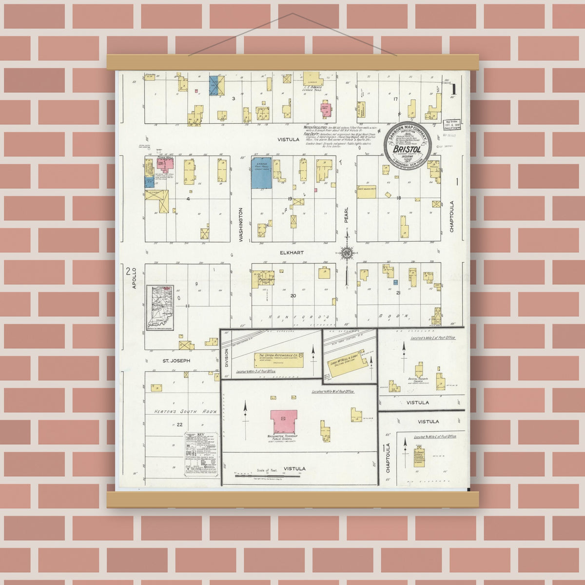 Old map wall art mockup — magnetic wood frame on brick wall — Sanborn Fire Insurance Map from Bristol, Elkhart County, Indiana (1917), Sheet #0001
