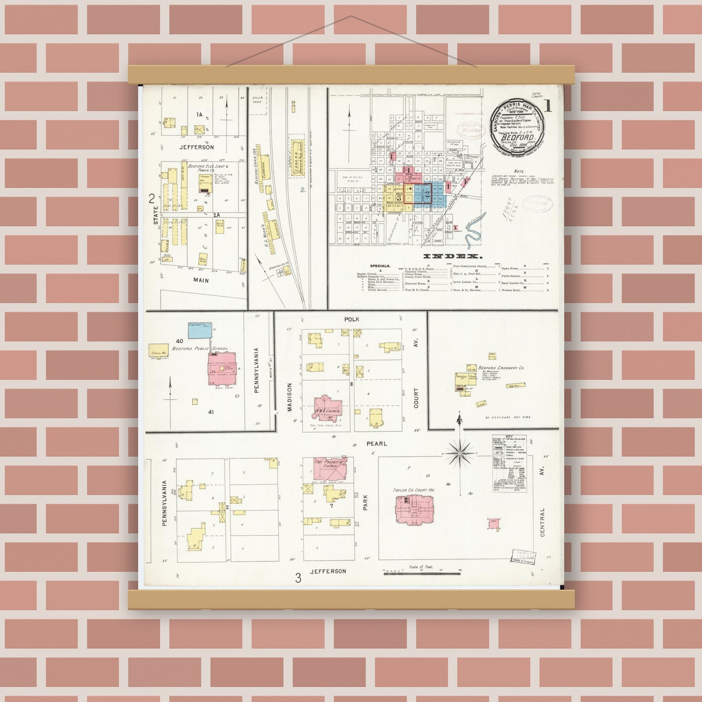 Old map wall art mockup — magnetic wood frame on brick wall — Sanborn Fire Insurance Map from Bedford, Taylor County, Iowa (1898), Sheet #0001