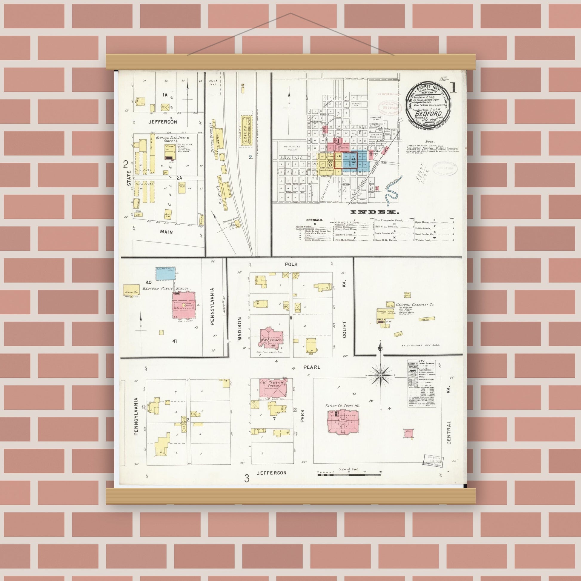 Old map wall art mockup — magnetic wood frame on brick wall — Sanborn Fire Insurance Map from Bedford, Taylor County, Iowa (1898), Sheet #0001