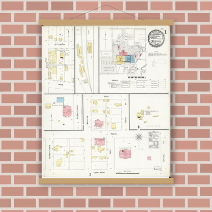 Old map wall art mockup — magnetic wood frame on brick wall — Sanborn Fire Insurance Map from Bedford, Taylor County, Iowa (1898), Sheet #0001