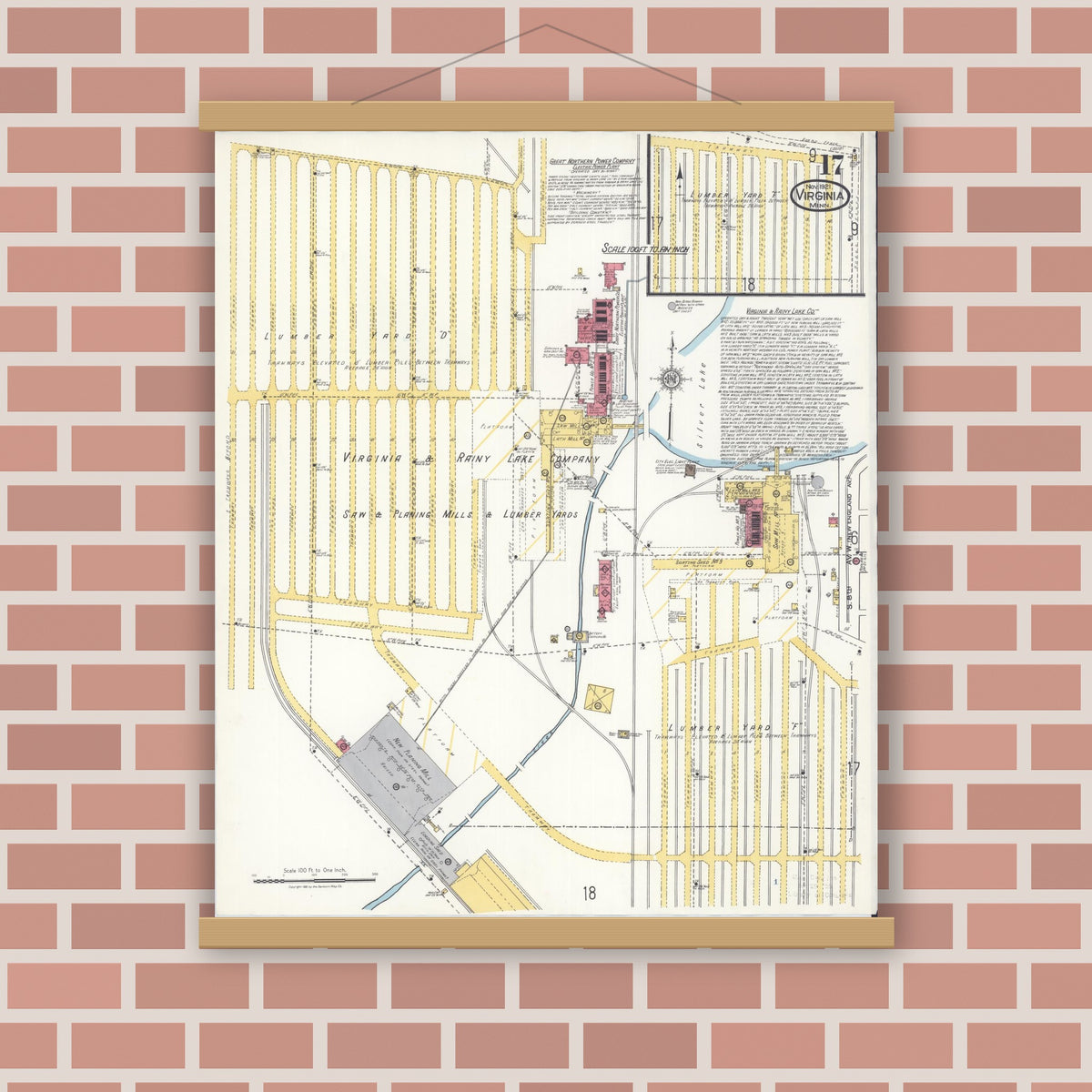 Old map wall art mockup — magnetic wood frame on brick wall — Sanborn Fire Insurance Map from Virginia, Saint Louis County, Minnesota (1921), Sheet #0017