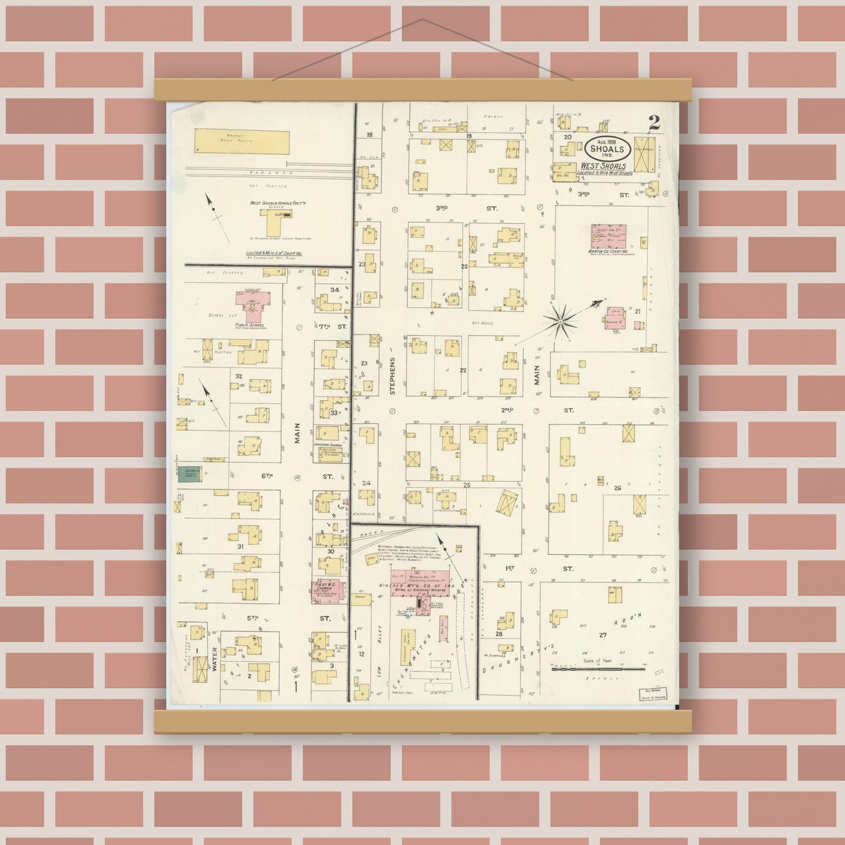 Old map wall art mockup — magnetic wood frame on brick wall — Sanborn Fire Insurance Map from Shoals, Martin County, Indiana (1909), Sheet #0002