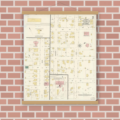Old map wall art mockup — magnetic wood frame on brick wall — Sanborn Fire Insurance Map from Shoals, Martin County, Indiana (1909), Sheet #0002
