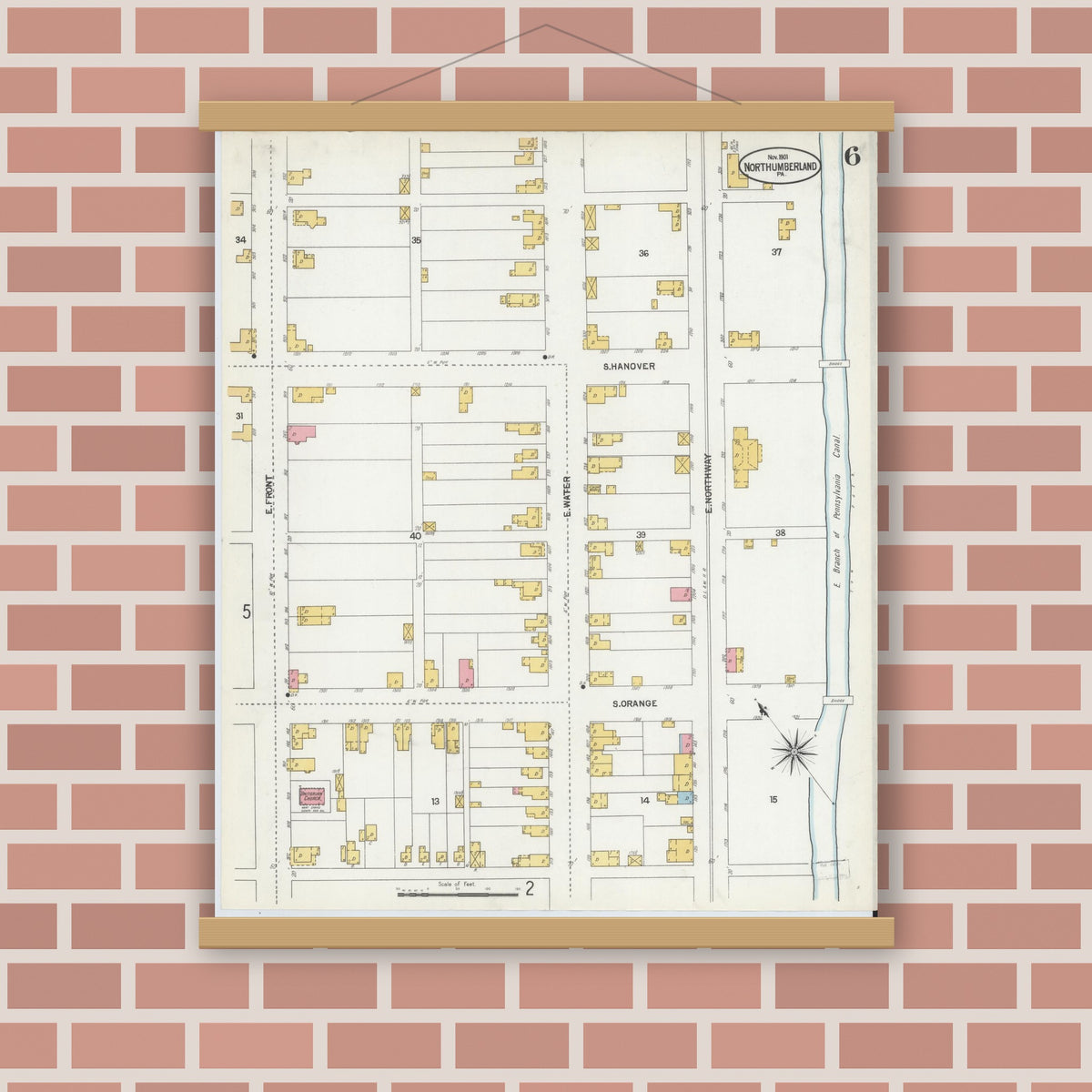 Old map wall art mockup — magnetic wood frame on brick wall — Sanborn Fire Insurance Map from Northumberland, Northumberland County, Pennsylvania (1901), Sheet #0006