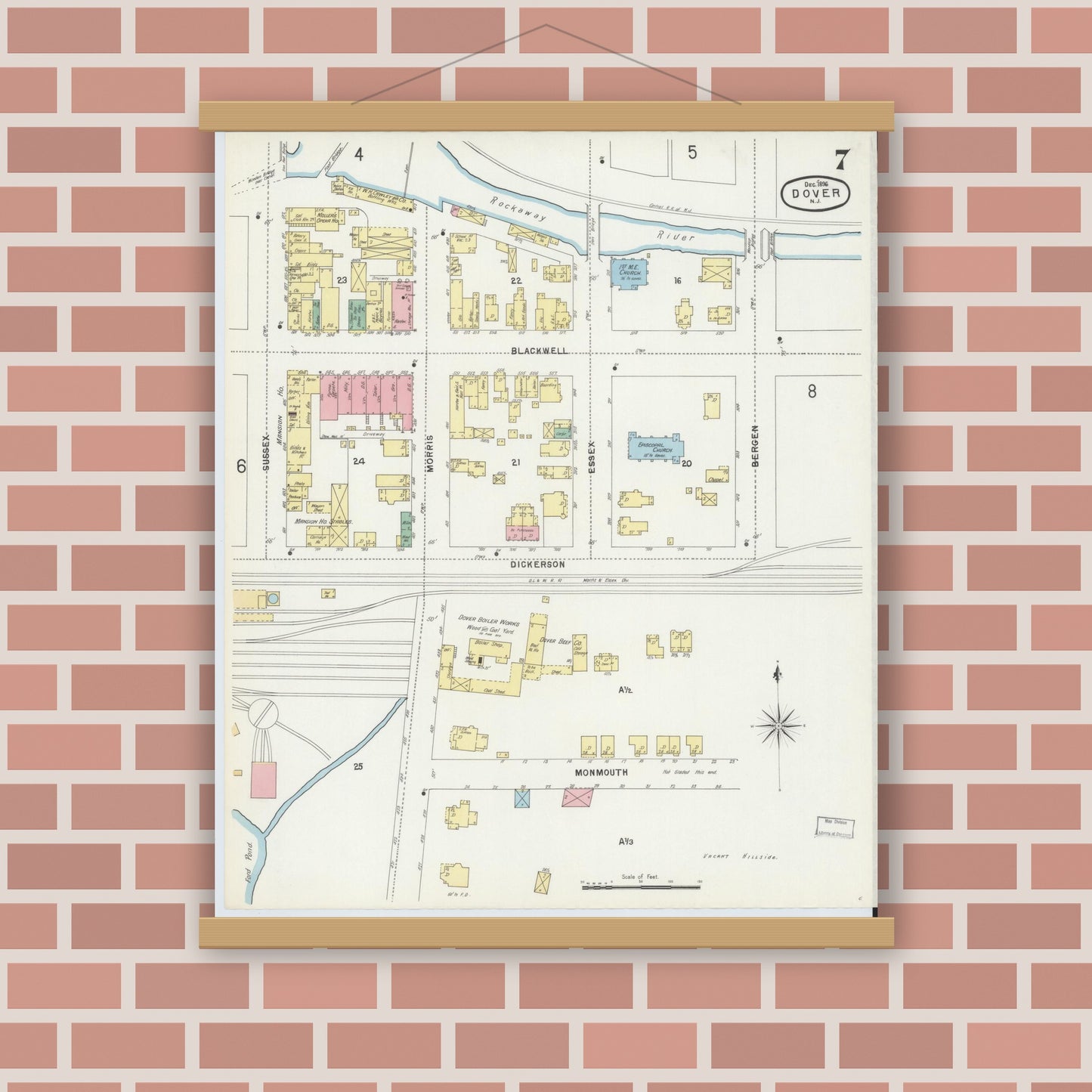 Old map wall art mockup — magnetic wood frame on brick wall — Sanborn Fire Insurance Map from Dover, Morris County, New Jersey (1896), Sheet #0007