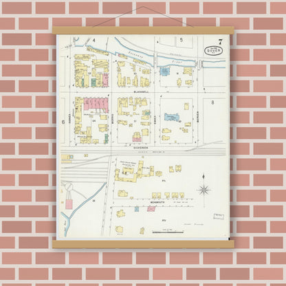 Old map wall art mockup — magnetic wood frame on brick wall — Sanborn Fire Insurance Map from Dover, Morris County, New Jersey (1896), Sheet #0007