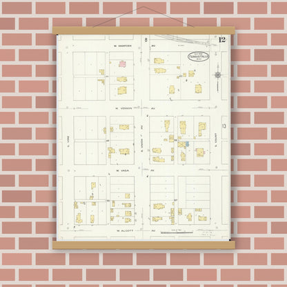 Old map wall art mockup — magnetic wood frame on brick wall — Sanborn Fire Insurance Map from Fergus Falls, Otter Tail County, Minnesota (1909), Sheet #0012