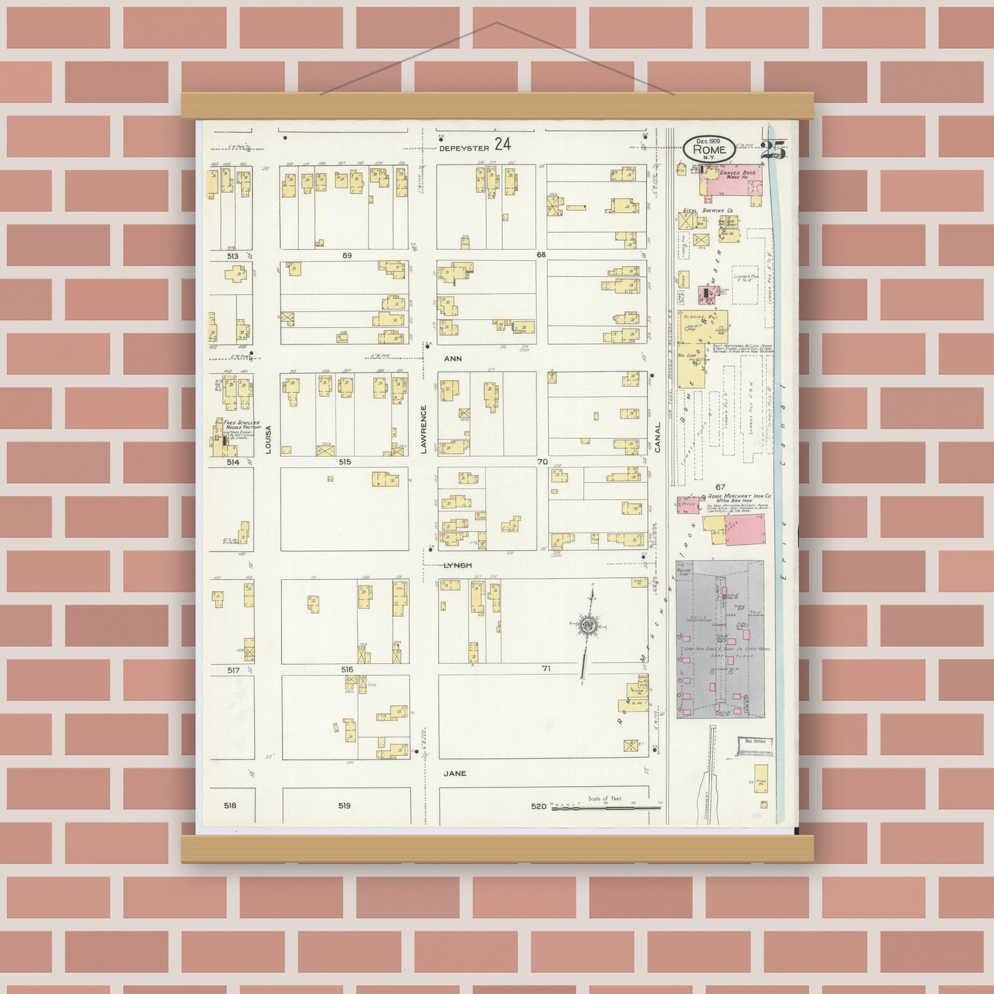 Old map wall art mockup — magnetic wood frame on brick wall — Sanborn Fire Insurance Map from Rome, Oneida County, New York (1909), Sheet #0025
