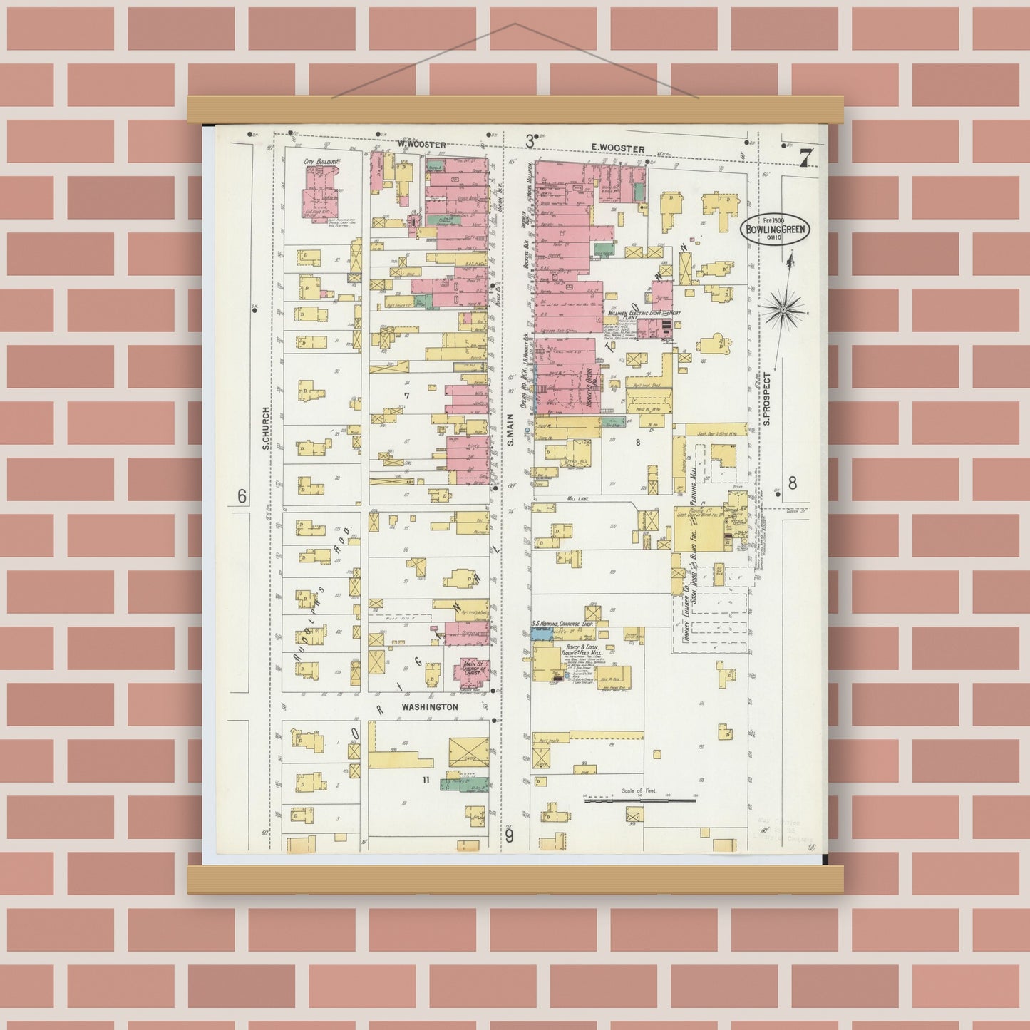 Old map wall art mockup — magnetic wood frame on brick wall — Sanborn Fire Insurance Map from Bowling Green, Wood County, Ohio (1900), Sheet #0007