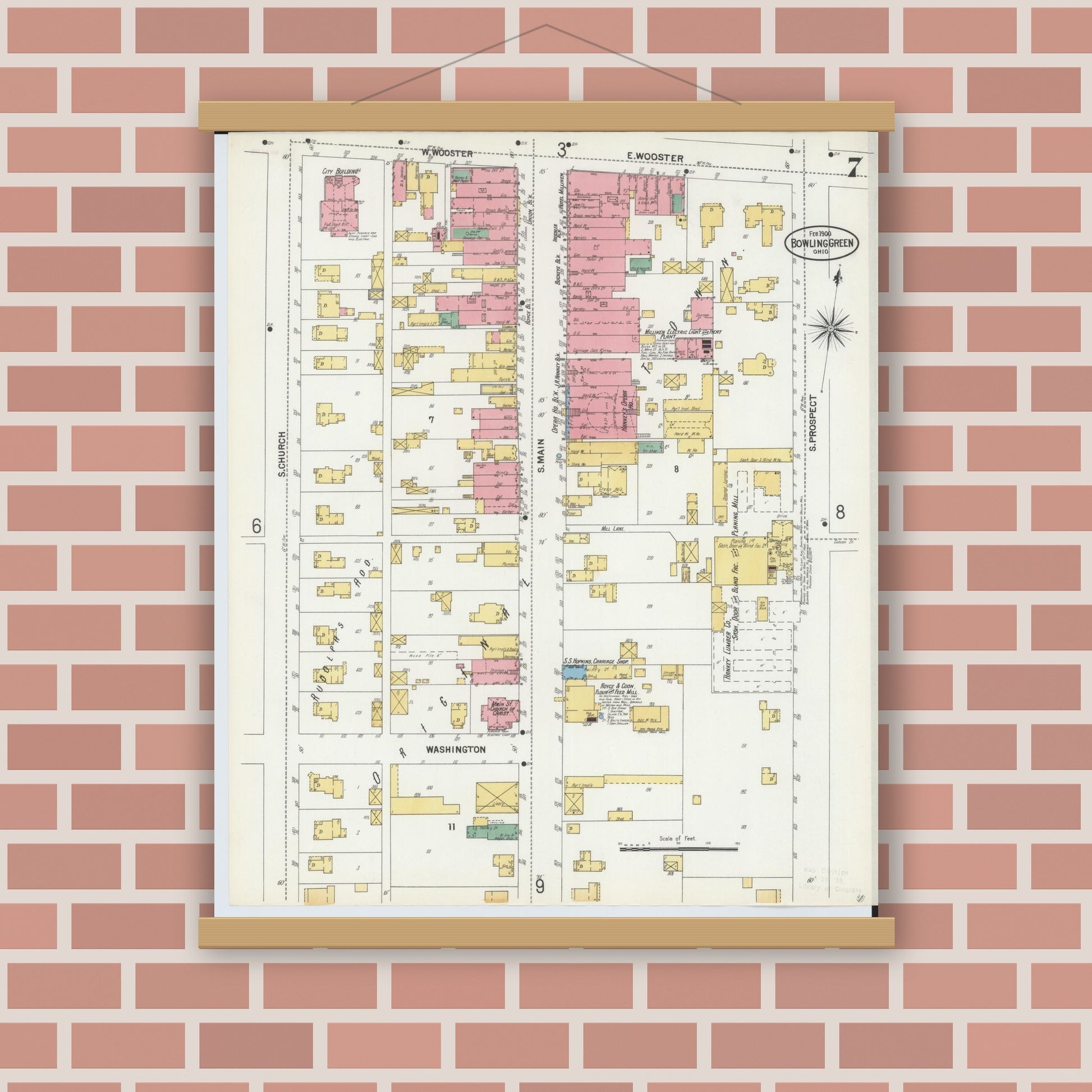 Old map wall art mockup — magnetic wood frame on brick wall — Sanborn Fire Insurance Map from Bowling Green, Wood County, Ohio (1900), Sheet #0007