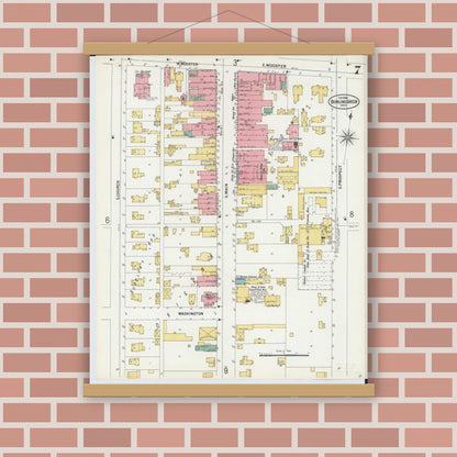 Old map wall art mockup — magnetic wood frame on brick wall — Sanborn Fire Insurance Map from Bowling Green, Wood County, Ohio (1900), Sheet #0007