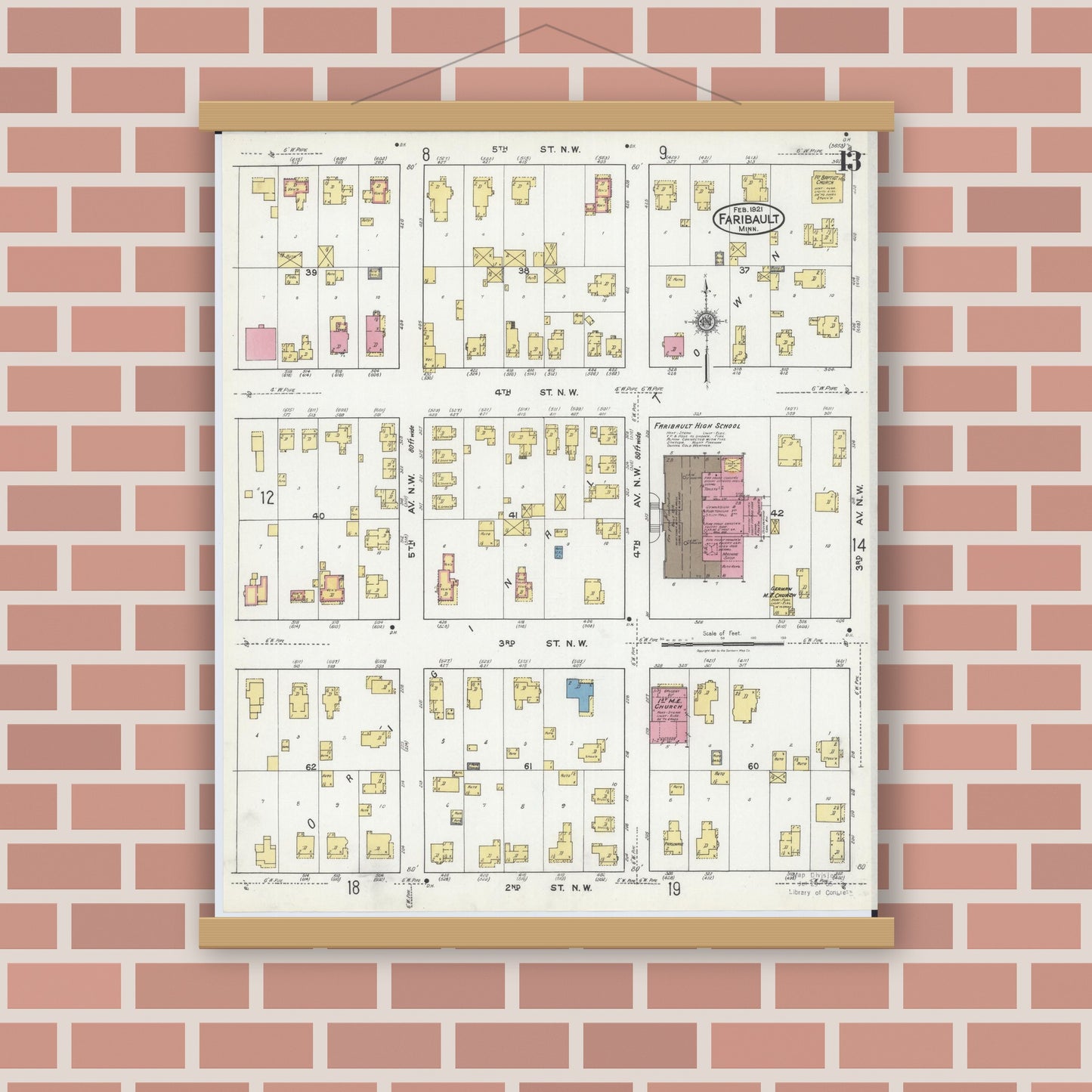 Old map wall art mockup — magnetic wood frame on brick wall — Sanborn Fire Insurance Map from Faribault, Rice County, Minnesota (1921), Sheet #0013