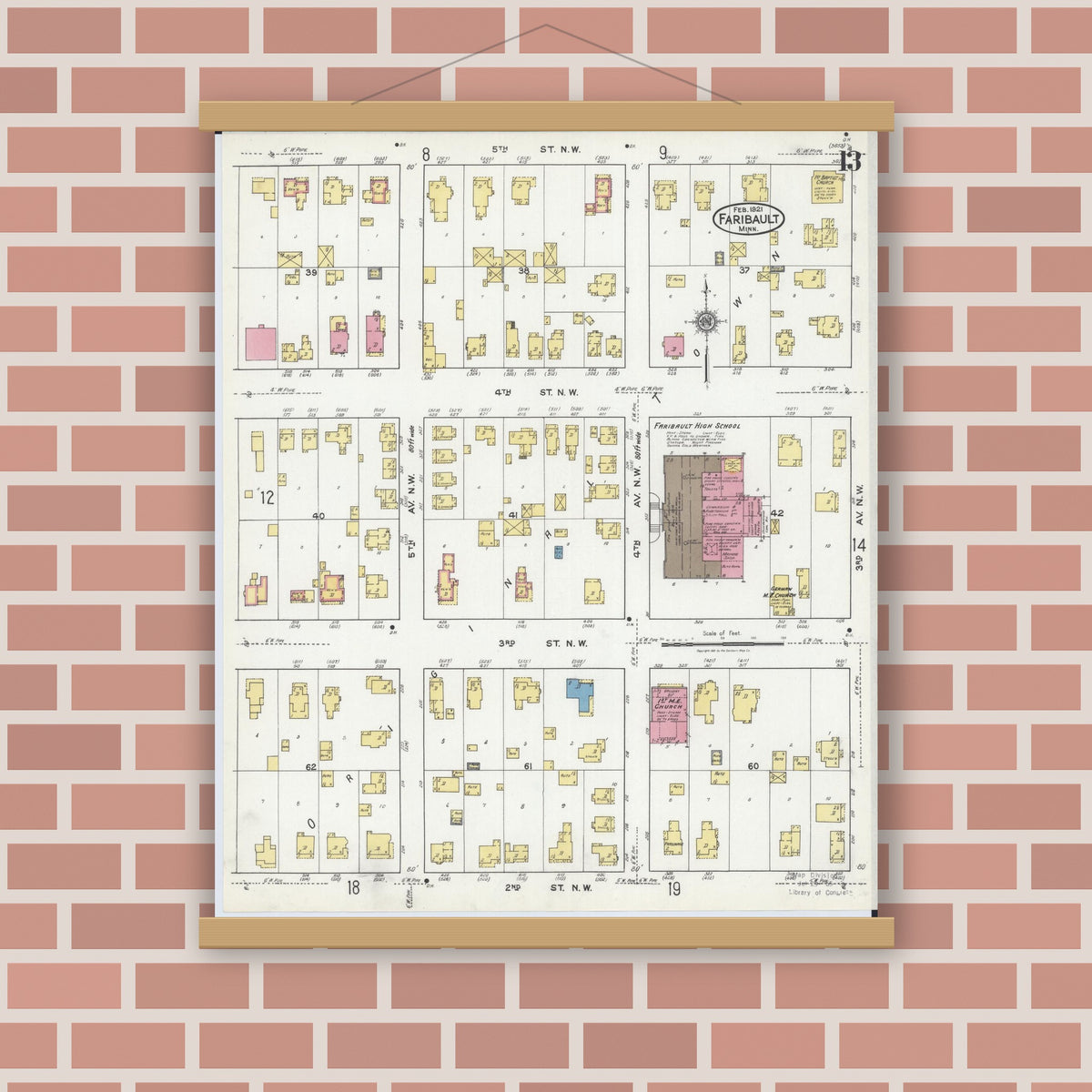 Old map wall art mockup — magnetic wood frame on brick wall — Sanborn Fire Insurance Map from Faribault, Rice County, Minnesota (1921), Sheet #0013