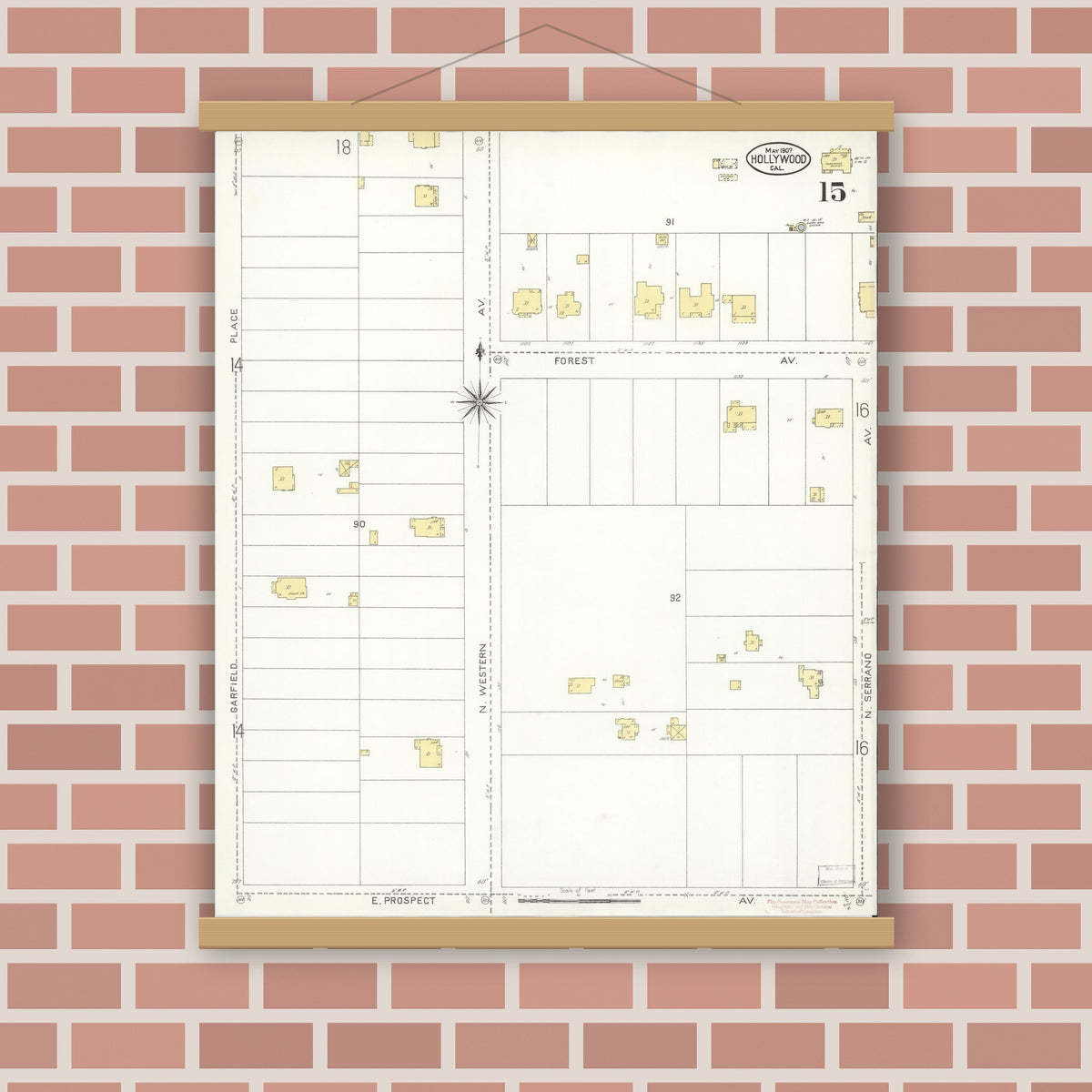 Old map wall art mockup — magnetic wood frame on brick wall — Sanborn Fire Insurance Map from Hollywood, Los Angeles County, California (1907), Sheet #0015