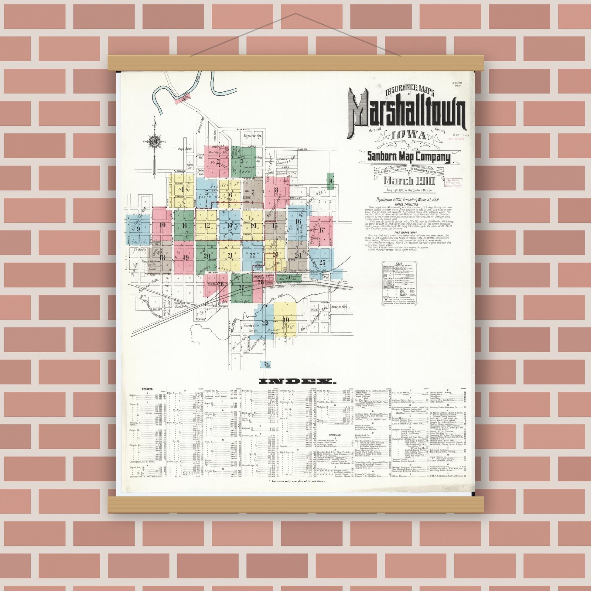 Old map wall art mockup — magnetic wood frame on brick wall — Sanborn Fire Insurance Map from Marshalltown, Marshall County, Iowa (1910) â€” Complete Set