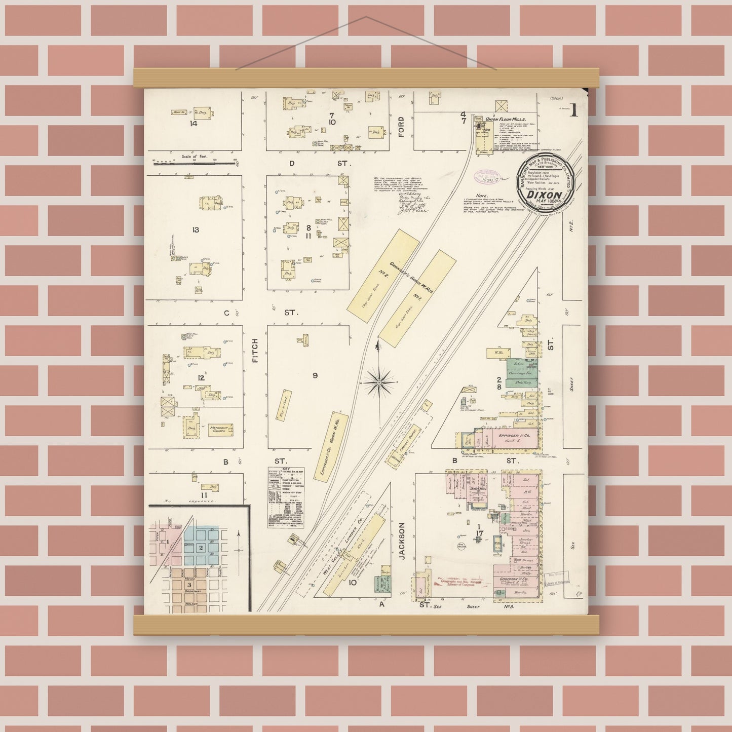 Old map wall art mockup — magnetic wood frame on brick wall — Sanborn Fire Insurance Map from Dixon, Solano County, California (1888) - Complete Map Set